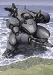  beach grey_sky gun highres mecha no_humans ocean original outdoors robot ship sky tyokugekidato water watercraft weapon 