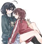  2girls awa_subaru between_legs black_hair blue_skirt blush braid closed_eyes closed_mouth commentary commission food girls_band_cry green_sweater hashtag-only_commentary iseri_nina jacket multiple_girls pingke_box pleated_skirt pocky pocky_kiss purple_eyes red_hair red_jacket school_uniform second-party_source short_twintails simple_background skirt smile sweater track_jacket twin_braids twintails white_background yuri 