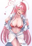  1girl :d absurdres ahoge bikini bikini_top_only blue_archive blush bow braid breasts bright_pupils cleavage collarbone commentary_request cowboy_shot doro9363 green_eyes hair_between_eyes hair_bow halo halterneck hanako_(blue_archive) hanako_(swimsuit)_(blue_archive) hands_up heart highres huge_ahoge large_breasts long_hair looking_at_viewer naughty_face navel official_alternate_costume open_clothes open_mouth open_shirt oversized_clothes oversized_shirt partially_unbuttoned pink_hair pink_halo presenting red_bikini see-through_clothes see-through_shirt shirt simple_background single_braid smile solo stomach straight_hair swimsuit teeth thigh_gap tsurime upper_teeth_only very_long_hair wet wet_clothes wet_shirt white_background white_bow white_pupils white_shirt 