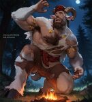  1boy animal_ears antlers armpits bara bare_pectorals beard body_fur braid braided_beard brown_hair commission curled_horns deer_antlers deer_boy deer_ears facial_hair fire forest from_below full_beard furrification furry gold horns large_pectorals male_focus marcus_(rnarccus) mature_male muscular muscular_male nature nipples original pectorals short_hair solo tail tarbus_(birb-dad) tearing_clothes thick_beard thick_chest_hair torn_clothes transformation 