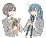  2girls akni bang_dream! bang_dream!_it&#039;s_mygo!!!!! blue_hair collared_shirt commentary_request green_necktie green_ribbon grey_hair grey_jacket hair_between_eyes hair_ribbon haneoka_school_uniform instrument instrument_request jacket korean_commentary long_hair long_sleeves multiple_girls music necktie open_mouth playing_instrument purple_eyes ribbon school_uniform shirt short_hair sidelocks simple_background takamatsu_tomori togawa_sakiko white_background white_shirt 