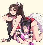  2girls black_hair blush breasts brown_eyes brown_hair choker closed_mouth commentary crossover fingerless_gloves gloves hair_horns hair_over_one_eye han_juri hashtag-only_commentary highres lollipop_in_mouth long_hair looking_at_another looking_at_viewer multiple_girls pants pink_eyes pink_hair ponytail shiranui_mai smile spiked_choker spikes street_fighter terokich the_king_of_fighters 