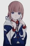 1girl blue_eyes blue_jacket blunt_bangs collared_shirt commentary expressionless half_updo hashtag-only_commentary highres holding_hood hood hood_down hooded_jacket jacket kaf_(kamitsubaki_studio) kamitsubaki_studio long_hair long_sleeves looking_at_viewer multicolored_eyes neck_ribbon parted_lips pink_hair ponytail red_eyes red_ribbon ribbon shirt simple_background solo upper_body virtual_youtuber white_background yellow_pupils yomai_(isshoukyumin) 