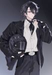  1boy absurdres belt black_hair black_jacket black_pants black_sweater chinese_commentary clothing_cutout collared_shirt commentary_request cowboy_shot cross cross_necklace curtained_hair diqiu_online earrings ensemble_stars! fingerless_gloves glove_cutout gloves hair_between_eyes helmet highres holding holding_unworn_helmet jacket jewelry leather leather_jacket male_focus medium_hair motorcycle_helmet necklace pants partially_unbuttoned red_eyes sakuma_rei_(ensemble_stars!) shirt solo stud_earrings sweater turtleneck turtleneck_sweater unworn_headwear unworn_helmet white_shirt 