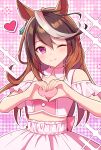  1girl animal_ears blush breasts brown_hair closed_mouth clothing_cutout cropped_shirt earrings hair_between_eyes heart heart_hands highres horse_ears horse_girl jewelry layered_skirt long_hair looking_at_viewer mauve meni_shuki_rush-sshu! multicolored_hair one_eye_closed pink_shirt pink_skirt purple_eyes shirt shoulder_cutout single_earring skirt smile streaked_hair symboli_rudolf_(umamusume) umamusume white_hair 