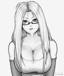  1girl absurdres ahoge ayase_seiko breasts cleavage collarbone cum cum_on_body cum_on_breasts cum_on_eyewear dandadan elbow_gloves erodrunky facial glasses gloves greyscale hair_down highres implied_after_fellatio large_breasts long_hair looking_at_viewer makeup mature_female monochrome parted_lips runny_makeup simple_background solo tank_top upper_body very_long_hair white_background white_tank_top 