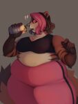 2024 5_fingers anthro belly bottomwear bra breasts burrito clothed clothed_anthro clothed_female clothing digital_drawing_(artwork) digital_media_(artwork) exclamation_point eyelashes female female_anthro fingers food front_view hair hi_res highlights_(coloring) holding_burrito huge_thighs mammal multicolored_hair open_mouth overweight overweight_anthro overweight_female paggi pants pink_bottomwear pink_clothing pink_eyes pink_highlights pink_pants portrait simple_background solo sports_bra tail thick_thighs three-quarter_portrait underwear