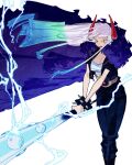  1girl absurdres armlet bandaged_chest belt black_jacket black_pants bloodykn8ght blue_hair breasts brown_belt cape cleavage club_(weapon) cropped_jacket feet_out_of_frame gradient_hair green_hair highres holding holding_weapon horns jacket jewelry kanabou lightning long_hair multicolored_hair one_piece open_mouth orange_eyes pants purple_cape red_horns solo spiked_armlet teeth upper_teeth_only weapon white_hair yamato_(one_piece) 