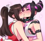  2girls black_hair blue_eyes blush breasts brown_hair choker closed_eyes crossover hair_horns han_juri hand_on_another&#039;s_face heart highres kiss long_hair looking_at_another multicolored_hair multiple_girls one_eye_closed pink_background pink_hair ponytail shiranui_mai sideboob spiked_choker spikes street_fighter sweatdrop terokich the_king_of_fighters two-tone_hair upper_body yuri 