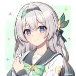  1girl blue_pupils bow bowtie firefly_(honkai:_star_rail) firefly_(spring_missive)_(honkai:_star_rail) gradient_eyes green_bow green_bowtie green_pupils grey_hair grey_hairband grey_sailor_collar hairband highres honkai:_star_rail honkai_(series) long_hair looking_at_viewer multicolored_eyes plaid_bow plaid_bowtie plaid_clothes sailor_collar shirt smile solo t@ke-g upper_body white_shirt 