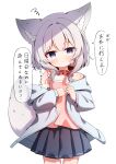  1girl :t absurdres animal_collar animal_ear_fluff animal_ears bandaid bandaid_on_cheek bandaid_on_face bandaid_on_thigh blue_eyes blue_jacket blue_skirt camisole child closed_mouth collar commentary_request cowboy_shot fox_ears fox_girl fox_tail grey_hair highres hood hood_down hooded_jacket jacket long_sleeves looking_at_viewer medium_hair moepu. open_clothes open_jacket original pink_camisole pleated_skirt pout red_collar simple_background skirt solo speech_bubble squiggle tail translation_request white_background 