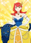  1girl animal_ear_piercing animalization bird_hair_ornament blue_fur brooch closed_mouth commentary_request dress earrings elbow_gloves fangs gloves gown hair_ornament hand_on_animal hand_on_own_hip highres jaguar jaguar_vulcan jewelry medium_hair necklace off-shoulder_dress off_shoulder open_mouth original personification red_hair smile solo sparkle spotted_fur super_sentai taiyou_sentai_sun_vulcan ueyama_michirou white_gloves yellow_background yellow_eyes 