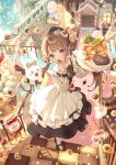 1girl :o absurdres amai_melo apron arrow_(symbol) black_dress black_hat black_shoes blunt_bangs blush bow bowtie brown_bow brown_bowtie brown_eyes brown_hair cake candy checkerboard_cookie cherry_hair_ornament chocolate_cornet collared_shirt commentary_request cookie cream cup donut dress drinking_straw food food-themed_hair_ornament fruit full_body hair_ornament hair_rings hat highres holding holding_food holding_fruit holding_plate jar knife lollipop long_hair long_sleeves maid marshmallow mary_janes medium_dress open_mouth original plate rabbit saucer shirt shoes socks solo standing star_(symbol) strawberry striped_sleeves sweets_house swirl_lollipop tea teacup teapot twintails waist_apron white_apron white_shirt white_socks wrapped_candy 