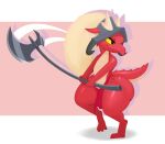 anthro armor axe big_butt bottomwear butt clothing digitigrade female flat_chested headgear helmet hi_res horn kobold loincloth otherthatguy scalie simple_background smile solo thick_thighs vetna weapon wide_hips yellow_sclera