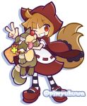  ahoge animal_ear_hood basket brown_hair cape crying_object dress eyebrows_hidden_by_hair full_body grin holding holding_stuffed_toy hood looking_at_viewer mary_janes one_eye_closed pimyuhuwa puyopuyo puyopuyo_quest rebecca_(puyopuyo_quest) red_cape red_dress red_eyes red_hood red_shoes shoes simple_background smile stuffed_toy stuffed_wolf tail twitter_username v white_background wolf_tail 