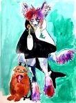 2017 alternative_fashion anthro backpack ball canid canine clothed clothing colorful_theme ear_piercing ear_ring female fennec_fox fox fur hair hi_res holding_object hoodie jewelry looking_at_viewer mammal multicolored_hair painting_(artwork) piercing plushie ring_piercing sibaketsu simple_background smile solo standing tail topwear traditional_media_(artwork) true_fox watercolor_(artwork) white_body white_fur