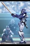  2boys audience baseball baseball_bat baseball_helmet baseball_mitt baseball_stadium baseball_uniform batting_stance catcher_(baseball) crowd g.yamamoto glowing glowing_eyes gundam gundam_00 gundam_exia helmet highres los_angeles_dodgers mecha multiple_boys robot signature sportswear umpire v-fin 