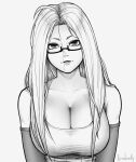  1girl absurdres ahoge ayase_seiko breasts cleavage collarbone dandadan elbow_gloves erodrunky glasses gloves greyscale hair_down highres large_breasts long_hair looking_at_viewer mature_female monochrome parted_lips simple_background solo tank_top upper_body very_long_hair white_background white_tank_top 