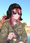  1girl :3 absurdres army aviator_sunglasses belt camouflage hair_between_eyes highres long_hair maria_(senrai_maidens) military_uniform ponytail red_hair shirt sidelocks smile soviet_army striped_clothes striped_shirt sunglasses telnyashka valzeniko war_thunder 