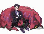  1boy antennae black-framed_eyewear black_hair black_jacket black_pants black_socks bug centipede closed_eyes closed_mouth collared_shirt colored_sclera commentary corbeau_(pokemon) crossed_arms eyewear_strap glasses highres horns jacket kitsune_(ly_howe) long_sleeves mega_stone necktie open_clothes open_jacket pants parted_hair pokemon pokemon_(creature) pokemon_legends:_z-a purple_hair purple_shirt round_eyewear scolipede shirt shoes short_hair short_sideburns sitting socks symbol-only_commentary undercut venipede white_necktie yellow_eyes yellow_sclera 