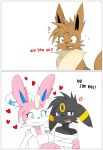 anthro blush chest_tuft dialogue eevee eeveelution feral generation_1_pokemon generation_2_pokemon generation_6_pokemon heart_symbol hi_res humor naka_(artist) nintendo pokemon pokemon_(species) smile snaggle_tooth sylveon tuft umbreon