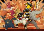  barefoot blonde_hair claws clenched_hands commentary_request explosion extra_arms fingerless_gloves geta gloves heracross highres ivor_(pokemon) long_hair machamp medicham muscular muscular_male nihonga ono_tako pokemon pokemon_(creature) pokemon_legends:_z-a red_eyes ukiyo-e 
