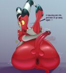 2_horns anus backsack balls big_butt blitzo_(helluva_boss) bodily_fluids butt curved_horn demon english_text genitals glans hellaverse helluva_boss hi_res hiddenfurgr33n horn humanoid humanoid_genitalia humanoid_penis imp low-angle_view male motion_lines mottled nipples not_furry nude penis perineum presenting presenting_anus presenting_balls presenting_hindquarters rear_view red_body red_eyes red_glans red_skin shy simple_background solo spots striped_horn stripes sweat sweatdrop tail text thick_thighs white_spots wide_hips yellow_sclera