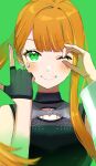  1girl absurdres birthday blunt_bangs blush breasts clothing_cutout commentary detached_sleeves earrings fingerless_gloves gakuen_idolmaster gloves green_background green_eyes green_gloves grin highres hoop_earrings idolmaster jewelry large_breasts long_hair looking_at_viewer love_&amp;_joy_(idolmaster) mole mole_under_eye ok_sign ok_sign_over_eye one_eye_closed orange_hair parted_lips pink_nails pointing pointing_up ponytail roiro_koko shiun_sumika signature simple_background single_detached_sleeve single_sidelock sleeveless smile solo star_(symbol) star_sticker sticker sticker_on_face upper_body 