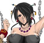  bare_shoulders bdsm beauty_mark black_hair bondage bound braid breasts cleavage dress earrings erect_nipples final_fantasy final_fantasy_x hair_bun hair_ornament hair_over_one_eye jewelry lipstick lowres lulu lulu_(final_fantasy) makeup mole purple_lips solo square_enix 