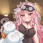  1girl ^_^ ahoge black_dress black_mask black_ribbon blonde_hair blurry blurry_background blush blush_stickers breasts brown_hair cleavage closed_eyes closed_mouth commentary dress english_commentary eyelashes gigi_murin highres hololive hololive_english hood hood_down kukie-nyan long_hair mask mask_on_head messy_hair mori_calliope mori_calliope_(sleepwear) multicolored_hair official_alternate_costume outline pink_hair red_eyes ribbon skull_ornament sleep_mask smile two-tone_hair upper_body virtual_youtuber white_outline 