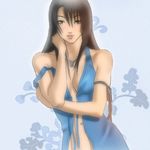  artist_request asymmetrical_bangs bangs bare_arms bare_shoulders blue_background breasts brown_ribbon cleavage collarbone final_fantasy final_fantasy_viii hand_on_neck jewelry lips long_hair looking_at_viewer lowres medium_breasts navel necklace open_clothes pink_lips ribbon rinoa_heartilly seductive_smile simple_background sleeveless_duster smile solo stomach strap_slip 