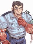  1boy bara blush colored_skin cowboy_shot facial_hair forked_eyebrows glasses hachimaki headband highres hot large_pectorals looking_at_viewer male_focus mature_male muscular muscular_male mutton_chops nejiri_hachimaki official_alternate_costume partially_unbuttoned pectorals police police_uniform policeman red_skin sanpaku shirako_(kirupi) shirt_tucked_in short_hair smile solo sweat tajikarao_(housamo) thick_eyebrows tokyo_afterschool_summoners tusks 