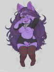 animal_ears areola big_hair black_bodysuit black_clothing black_skinsuit blush blush_lines bodysuit breasts clothing eyelashes female fur genitals grey_background grey_clothing grey_legwear grey_thigh_highs hair hi_res humanoid inverted_nipples league_of_legends legwear long_hair looking_at_viewer lulu_(lol) lying navel nipples on_back open_mouth open_smile pattern_clothing pattern_legwear pattern_thigh_highs plinkgrn purple_areola purple_body purple_fur purple_hair purple_nipples red_clothing red_legwear red_thigh_highs riot_games simple_background skinsuit smile snaggle_tooth solo striped_clothing striped_legwear striped_thigh_highs stripes tencent thick_thighs thigh_highs tight_clothing torn_bodysuit vulva wide_hips yellow_eyes yordle