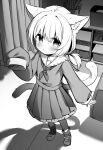  1girl :t absurdres animal_ear_fluff animal_ears cat_ears cat_girl cat_tail closed_mouth commentary_request crossed_bangs frilled_skirt frills full_body greyscale hair_between_eyes highres indoors long_hair long_sleeves looking_at_viewer low_twintails moepu. monochrome multiple_tails neckerchief original pleated_skirt pout sailor_collar school_uniform serafuku shirt shoes single_sleeve_past_fingers skirt sneakers socks solo standing tail twintails two_tails 