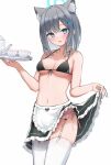  1girl :d alternate_costume animal_ear_fluff animal_ears apron bikini black_bikini black_skirt blue_archive blue_eyes blue_halo blush breasts collarbone commentary_request cowboy_shot cross_hair_ornament cup enmaided frilled_apron frilled_skirt frills front-tie_bikini_top front-tie_top garter_straps grey_hair hair_between_eyes hair_ornament halo halterneck highres holding holding_tray honyuuruinomoto lace-trimmed_thighhighs lace_trim looking_at_viewer maid maid_bikini medium_breasts medium_hair mismatched_pupils navel open_mouth shiroko_(blue_archive) sidelocks simple_background skirt smile solo standing stomach string_bikini swimsuit tea teacup teapot thighhighs tray unconventional_maid waist_apron white_apron white_background white_thighhighs wolf_ears 
