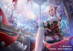  1girl aqua_hair bare_shoulders black_dress breasts cherry_blossoms closed_mouth cup dress gradient_hair irelia league_of_legends long_hair multicolored_hair mythmaker_irelia oohiro_rin pavilion sitting solo teacup teapot thighhighs white_thighhighs 