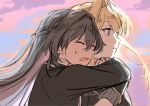  2girls arms_around_neck black_hair black_jacket blonde_hair blue_eyes blush braid closed_eyes closed_mouth commentary_request eishin29 full-face_blush half_up_braid highres hug hug_from_behind jacket koto_satsuki long_hair multiple_girls open_mouth outdoors ouzuka_mai school_uniform sunset sweat watashi_ga_koibito_ni_nareru_wake_naijan_murimuri! yuri 