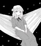  1girl black_ribbon blonde_hair buttons collar dress dress_ribbon greyscale hair_between_eyes hands_on_own_legs hat highres kashiwada_kiiho long_dress looking_at_viewer lying maribel_hearn medium_hair mob_cap monochrome on_back resting ribbon short_sleeves solo sparkle touhou white_collar white_hat 