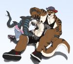 anthro anthro_on_anthro balls barbell_piercing black_bottomwear black_clothing black_footwear black_nipples black_shoes black_shorts black_stripes black_topwear blue_eyes blue_stripes bodily_fluids bottomwear brown_body brown_fur brown_tail clothed clothing cum cum_on_arm cum_on_face cum_on_ground cum_on_hand cum_on_own_penis cum_on_penis cum_on_self cum_splatter duo dust_yang ear_piercing excessive_cum excessive_genital_fluids fish footwear fur genital_fluids genitals grey_body grey_bottomwear grey_clothing grey_shorts hi_res humanoid_genitalia humanoid_penis industrial_piercing kyo_(kiasano) licking licking_lips licking_own_lips male male/male male_anthro mammal marine markings muscular muscular_anthro muscular_male mustelid nipple_barbell nipple_piercing nipples one_eye_closed oral oral_penetration otter penetration penis penis_in_mouth piercing pink_clothing pink_underwear red_tongue shark shorts simple_background sitting striped_arms striped_back striped_legs striped_markings striped_tail stripes tail tail_markings tongue tongue_out topwear underwear white_balls white_body white_fur white_penis white_tail wide_eyed