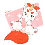 1:1 animal_genitalia anus backsack balls bixie_(fabulous_beasts) blush blush_lines canine_genitalia exclamation_point fabulous_beasts feral fluffy fluffy_tail fur genitals green_eyes half-closed_eyes hi_res horn knot knotted_penis looking_at_viewer male narrowed_eyes neck_tuft pawpads penis pink_penis presenting red_body red_fur signature solo tail tuft white_body zyuuniie