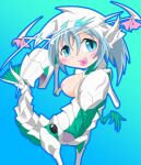  1girl amauchi animal_ears antennae aqua_eyes arthropod_limbs blue_background blue_eyes blue_hair blue_outline blush breasts claws commentary_request crab_claw exoskeleton extra_arms gradient_background hair_between_eyes heart looking_at_viewer mon-musu_quest! mon-musu_quest:_paradox monster_girl nipples outline partial_commentary pink_ribbon ribbon short_hair shrimp_girl shrimp_tail solo sully_(mon-musu_quest!) tail 