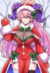  1girl alternate_costume artist_name black_thighhighs bodystocking breasts capelet cleavage coat english_commentary fire_emblem fire_emblem_heroes fur-trimmed_capelet fur-trimmed_coat fur-trimmed_headwear fur_trim goat_horns hat highres horns large_breasts mismatched_thighhighs mittens nerthuz_(fire_emblem) one_eye_closed pink_hair ponytail red_capelet red_coat red_mittens rotomdocs santa_costume santa_hat solo thighhighs waving_hands white_thighhighs winter 