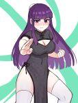  1girl :t absurdres black_dress blunt_bangs blush breasts china_dress chinese_clothes cleavage cleavage_cutout clenched_hand clothing_cutout commentary covered_navel dress english_commentary fern_(sousou_no_frieren) fighting_stance foreshortening highres large_breasts long_hair looking_at_viewer nose_blush outstretched_arm pelvic_curtain pout purple_eyes purple_hair short_sleeves side_slit simple_background solo sousou_no_frieren thighhighs watcher_hollow white_thighhighs 