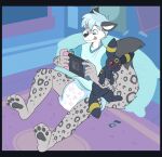 2021 4_toes 5_fingers ambiguous_gender anthro black_border black_nose blue_clothing blue_hair blue_shirt blue_topwear border bubblepuppers canid canine canis clean_diaper clothed clothing detailed_background diaper dipstick_tail eeveelution feet felid fingers full-length_portrait fur gaming generation_2_pokemon grey_body grey_fur grey_pawpads grey_tail grey_tail_tip greypupbw hair hi_res high-angle_view holding_object holding_plushie hybrid mammal markings nintendo nintendo_switch on_pillow pantherine pawpads pillow plushie pokemon pokemon_(species) pokemon_plushie portrait poster rug shirt sitting smile snow_leopard solo spots spotted_body spotted_face spotted_fur spotted_markings spotted_tail tail tail_markings toes tongue tongue_out topwear umbreon wearing_diaper white_body white_fur white_inner_ear wolf