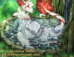 abdominal_bulge abdominal_scar ambiguous_gender ambiguous_prey anthro anthro_pred asking_another belly big_belly cheek_tuft claws duo endosoma english_text essynkardi eye_scar eyes_closed facial_scar facial_tuft fur fur_markings grass healing_vore hot_spring inner_ear_fluff male male_pred markings neck_tuft oral_vore outside partially_submerged plant red_body red_fur red_inner_ear_fluff safe_vore scar shrub story story_at_source story_in_description tail tail_tuft talking_to_another talking_to_prey text tuft unseen_prey vore water white_body white_fur zorgoia