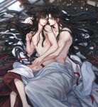  2boys absurdres ahoge alternate_hairstyle anal bed_sheet bishounen bite_mark black_hair blanket chromatic_aberration collarbone couple from_above ganen_cheese grey_eyes hair_down hair_spread_out hand_in_another&#039;s_hair hand_on_another&#039;s_hand hand_on_another&#039;s_thigh hickey highres hug hug_from_behind implied_sex indoors lan_wangji long_hair looking_at_another lying male_focus modao_zushi multiple_boys naked_sheet nipples nude on_floor on_side parted_lips pectorals petals pink_petals red_ribbon ribbon scroll sex sex_from_behind sidelocks smile untied_ribbon very_long_hair watermark wei_wuxian wooden_floor yaoi yellow_eyes 