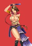  artist_request black_shorts boots breasts dual_wielding final_fantasy final_fantasy_x final_fantasy_x-2 gun heterochromia holding knee_boots medium_breasts nipple_slip nipples shorts smile solo weapon yuna_(ff10) 