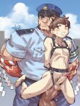  abs anal bara blush censored chest_harness colored_skin cowboy_shot facial_hair forked_eyebrows girthy_penis hachimaki harness headband highres huge_penis large_pectorals looking_at_viewer male_focus mature_male mosaic_censoring muscular muscular_male mutton_chops nejiri_hachimaki nipples official_alternate_costume pectorals penis police police_uniform policeman protagonist_4_(housamo) red_skin reverse_suspended_congress sanpaku sex shirako_(kirupi) short_hair size_difference skinny sweat tajikarao_(housamo) thick_eyebrows tokyo_afterschool_summoners tusks yaoi 