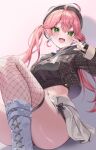  1girl :d absurdres ahoge beret black_gloves black_hat blue_choker boots brown_jacket choker commentary cropped_hoodie double-parted_bangs earrings fingerless_gloves gloves green_eyes grey_hoodie grey_skirt hair_between_eyes hat highres hololive hood hoodie jacket jewelry knee_boots long_hair looking_at_viewer mi_ke0224 midriff miniskirt navel official_alternate_costume official_alternate_hairstyle open_mouth pink_hair plaid_clothes plaid_jacket pleated_skirt pom_pom_(clothes) pom_pom_earrings sakura_miko sakura_miko_(micomet) simple_background single_fishnet_legwear single_thighhigh sitting skirt smile solo symbol-only_commentary thighhighs twintails virtual_youtuber white_boots 