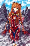  1girl adapted_costume ahoge bangs blue_eyes bodysuit breasts cloud commentary eyebrows_visible_through_hair hair_between_eyes long_hair looking_at_viewer metal neon_genesis_evangelion orange_hair plugsuit rebuild_of_evangelion red_bodysuit rock shikinami_asuka_langley sky small_breasts solo souryuu_asuka_langley standing steam two_side_up yamayoshi 